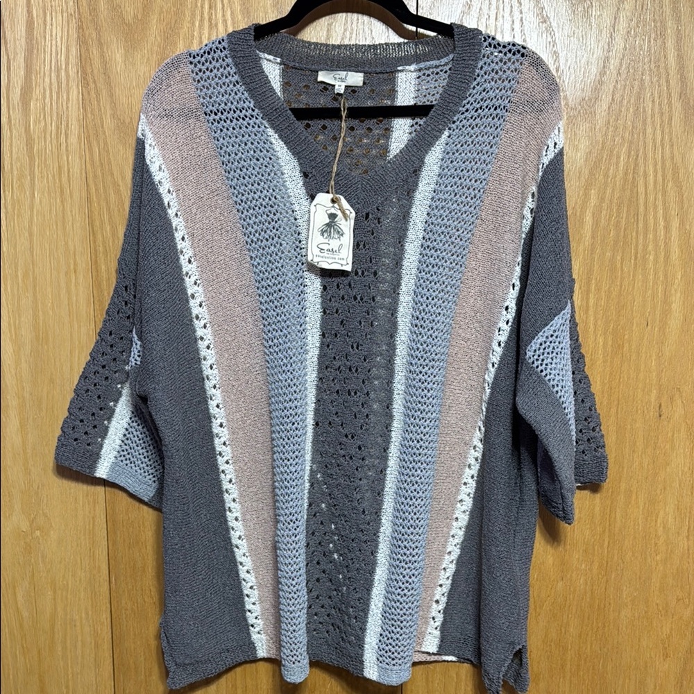 Gray and Pink V-Neck Striped Sweater with Loose-Knit Design